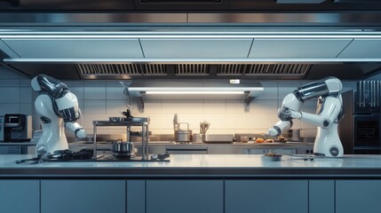 Robotic chefs preparing food in a modern commercial kitchen, showcasing automation