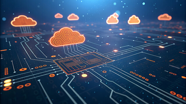 Digital cloud computing network overlaying a futuristic circuit board with glowing orange data clouds