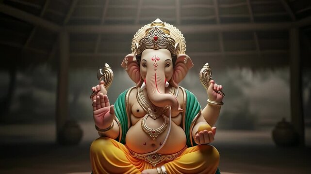 A serene depiction of lord ganesha, the hindu deity of wisdom and prosperity, seated in a meditative pose within a tranquil temple setting, radiating divine light