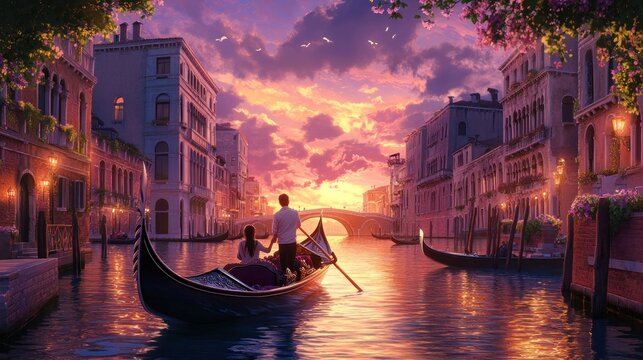 Romantic evening gondola ride in Venice at sunset with beautiful colors and birds