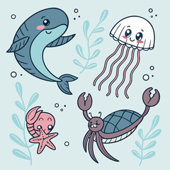 Set of kawaii sea animal icons (whale, jellyfish, crab, seahorse, starfish, turtle), drawn in chibi style with tiny limbs and sparkling eyes, minimal stroke on vibrant underwater-themed backgrounds