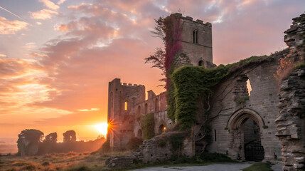 Obraz premium The historic ruins of a stone castle tower are bathed in the warm glow of sunset