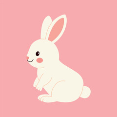 Cute cartoon bunny with white fur and pink cheeks on pastel background. Flat vector style. Perfect for kids, Easter, and nursery decor.