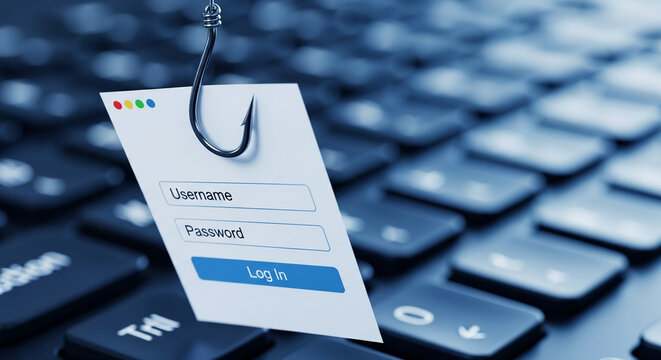 Login form on a fishing hook above keyboard, illustrating online phishing and cyber security threats, a concept of digital danger and internet fraud