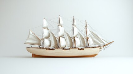 Wooden sailing ship, white sails, studio shot