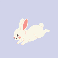 Cute white bunny jumping in mid-air on soft purple background. Hand drawn in flat cartoon style. Perfect for kids designs, spring themes, and playful compositions.