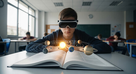 Teenager wearing VR headset, studying solar system projected onto open book in classroom, showcasing educational technology use in modern learning