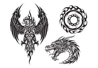 Fototapeta premium Tribal Eagle, Dragon Head, and Flame Circle Tattoo Designs