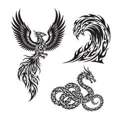 Fototapeta premium Tribal Phoenix, Dragon, and Wave Tattoo Designs on White Background