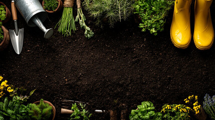 Gardening tools and plants arranged on dark soil with yellow boots herbs watering can