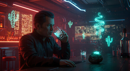Naklejka premium A Cyberpunk vision of Mezcal in a hand-blown glass in a futuristic Mexican cantina. Surreal floating objects and bokeh lights define a futuristic and mysterious mood