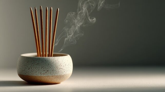 Incense sticks burning in a minimalist ceramic holder on a smooth white surface