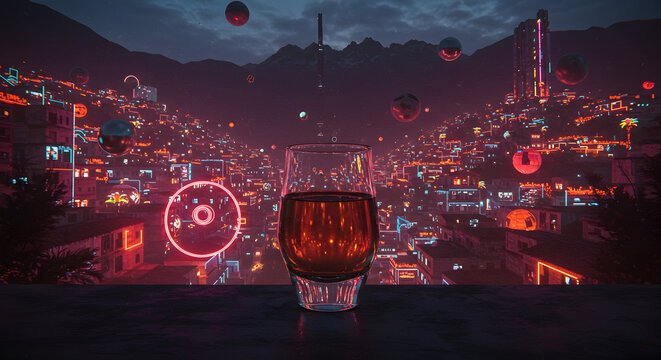 A Cyberpunk vision of Mezcal in a hand-blown glass in a neon-drenched Peruvian mountain city. Glowing elements and surreal floating objects define a futuristic and dramatic mood