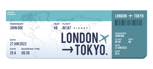 Teal and white Airplane ticket design. Realistic illustration of airplane ticket boarding pass with passenger name and destination. Concept of travel, journey or business trip. Isolated on white.