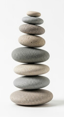 Smooth gray stones are stacked in a delicate, gravity-defying structure against a clean white background, evoking balance and minimalism.