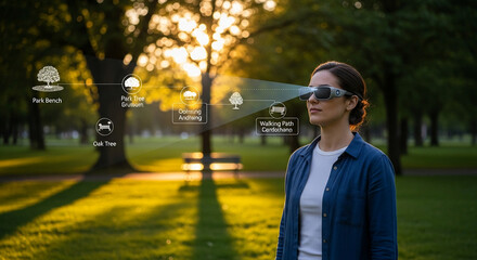 Woman in park wearing smart glasses, overlay shows augmented reality navigation of nearby points of interest: trees, benches, paths