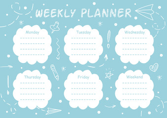 A weekly planner with doodle-style school illustrations and space for text. Back to school. A template for notes, class schedules, to-do lists, and diaries. Office supplies.