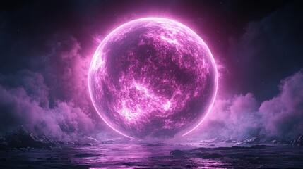 Vibrant pink moon, glowing over a surreal landscape