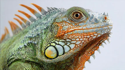 Fototapeta premium Green iguana head detailed scales orange spikes textured skin reptile lizard