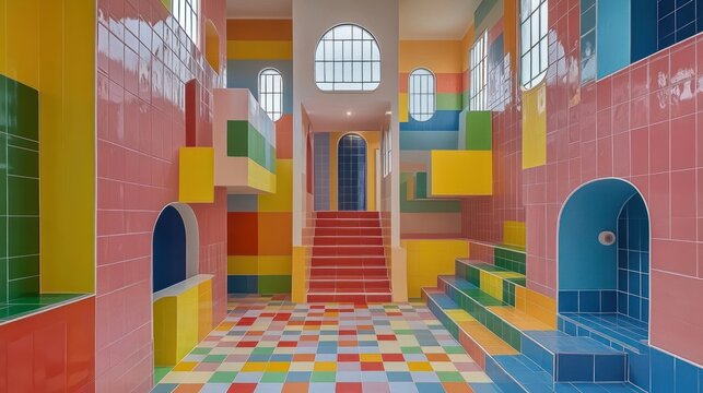 Vibrant, playful interior design with colorful, geometric tilework.  A whimsical space features multi-level seating, playful arches, and a colorful staircase