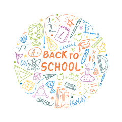Back to School ornament in the form of a circle with hand-drawn school drawings. Template for the concept of education with school supplies. Round design for posters, labels, and stickers.