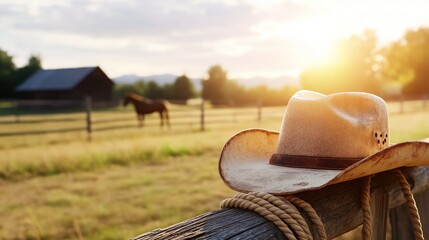 Cowboy hat on fence post at sunset with grazing horse rural western scene