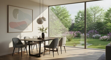 Fototapeta premium Modern Dining Room with Garden View (AI Generated)