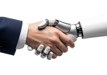 Human hand in a business suit shaking a robotic AI hand, a future concept. Isolated on transparent background, png