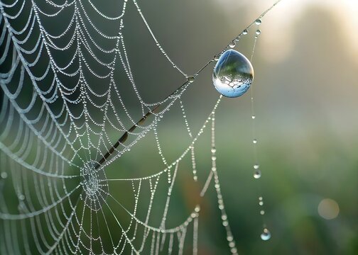 Close up of a dew covered spider web with a single large water droplet reflecting the sky