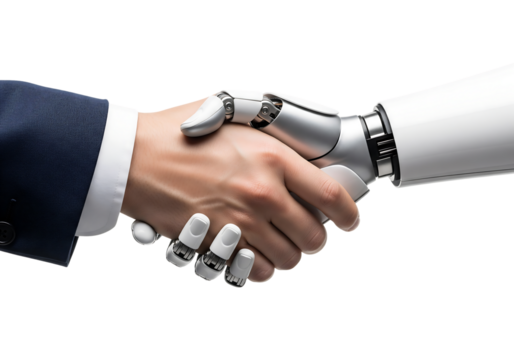 Human hand in a business suit shaking a robotic AI hand, a future concept. Isolated on transparent background, png