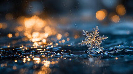 Intricate ice crystal glistening in warm light with falling rain snowflake macro