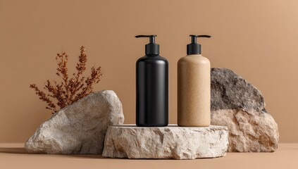 Two cylindrical pump bottles, one black, one kraft paper, rest on a minimalist stone platform against a muted beige background, flanked by rocks and dried flora