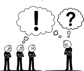 Group of Angry Stick Figures Thinking Exclamation Mark vs. One Confused Stick Figure Thinking