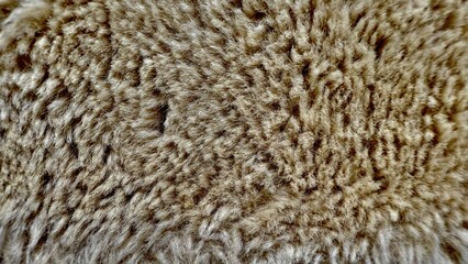 closeup of soft beige faux fur texture with curled fiber pattern ideal for winter textile design or cozy upholstery mockup

