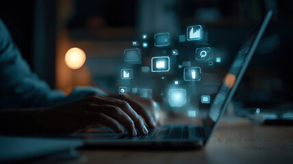Hands Typing on Laptop with Holographic Icons - Programming and Digital Innovation Technology