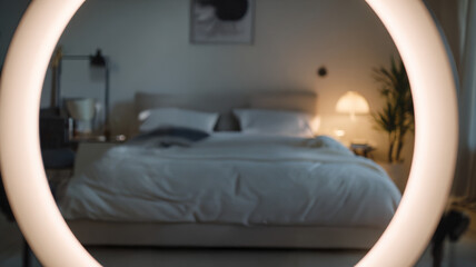 Ring Light Selfie Lamp in Modern Bedroom Interior - Home Photography and Content Creation