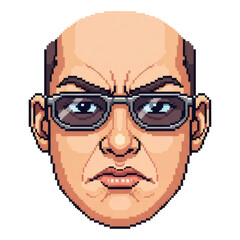 透明な背景に対する眼鏡と怒った表情とピクセルアートスタイルの男性の肖像画