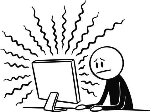 Stick Figure Stressed By Computer Screen With Wavy Lines technology work