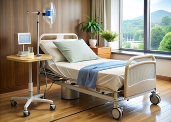 Hospital room with adjustable bed and iv stand facing a scenic mountain view
