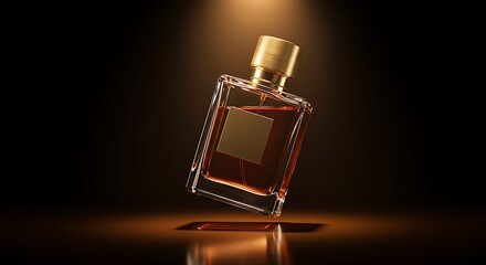 Elegant, eye-level capture of a glass bottle with a golden cap on a dark brown backdrop.