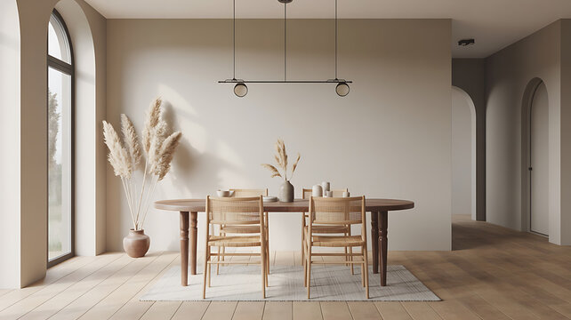 Fototapeta Warm, minimalist dining room with natural light and wood accents. 