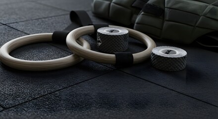 Elite Fitness Still Life Wooden Gymnastic Rings and Grip Tape on a Dark Gym Floor.