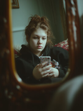 A teenaged girl or young woman looks into a mirror, appearing unhappy and scrolling social media on her phone, vertical portrait format 