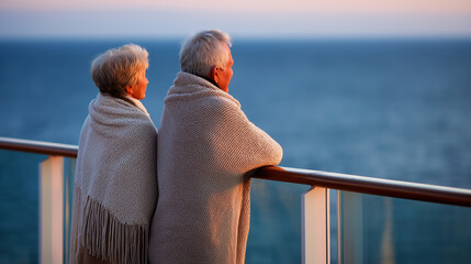 Elderly couple wrapped in blankets enjoying ocean sunset view on cruise