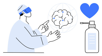 Doctor wearing VR gear interacting with brain hologram while a sanitizer bottle and a heart symbolize healthcare. Ideal for medical technology, healthcare innovation, brain science, research, health