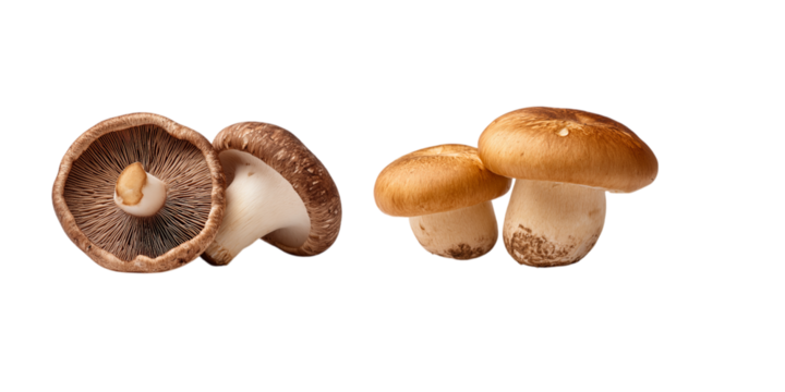 Two images of shiitake mushrooms, one with the cap and gills open, showing the interior, and the other with the entire mushroom isolated on a transparent background in PNG format.