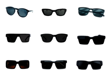 Nine Sunglasses Styles Black Frames Various Shapes Transparent Background eyewear