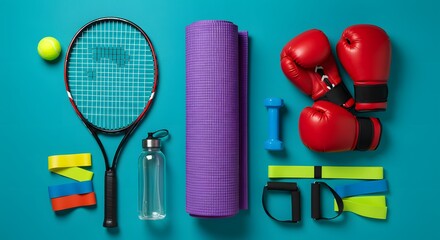 Dynamic Array of Fitness Gear From Tennis to Boxing on a Bold Teal Canvas.