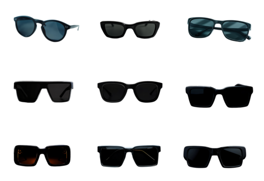 Nine Sunglasses Styles Black Frames Various Shapes Transparent Background eyewear