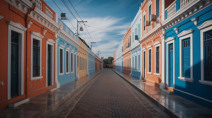 Fototapeta premium Colorful buildings line a narrow street. 